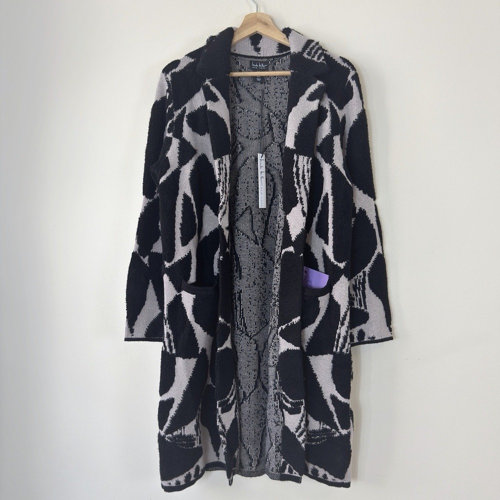 NWT Nicole Miller SAMPLE Geometric Art Black White Coatigan Cardigan Coat Medium